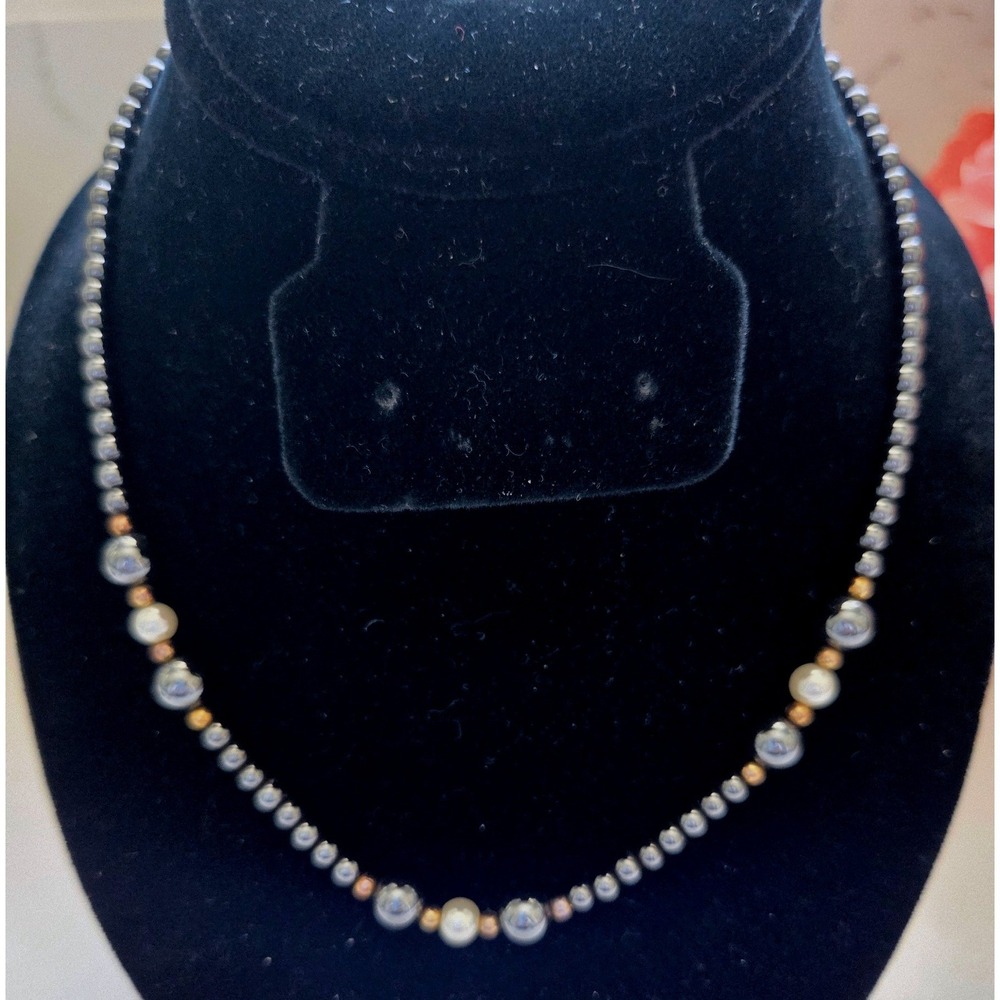Gunmetal Hematite Style Beaded Necklace with White Faux Pearls Rose Gold Tone